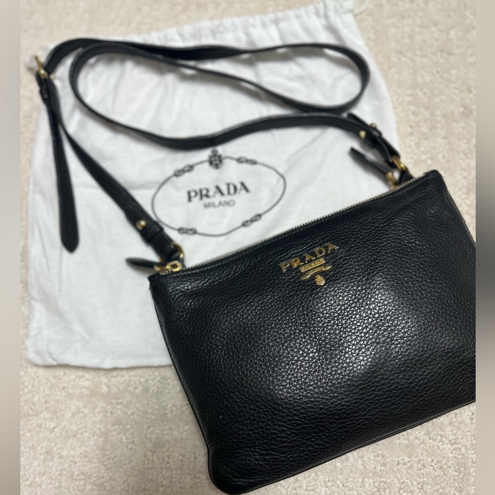 Prada Vitello Daino Double Zip Crossbody Bag Black